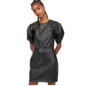 H&M DIVIDED Black Faux Leather Puffy Sleeve Dress M NWOT